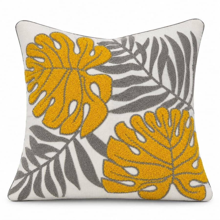 Golden Tropical Leaf Cushion Cover